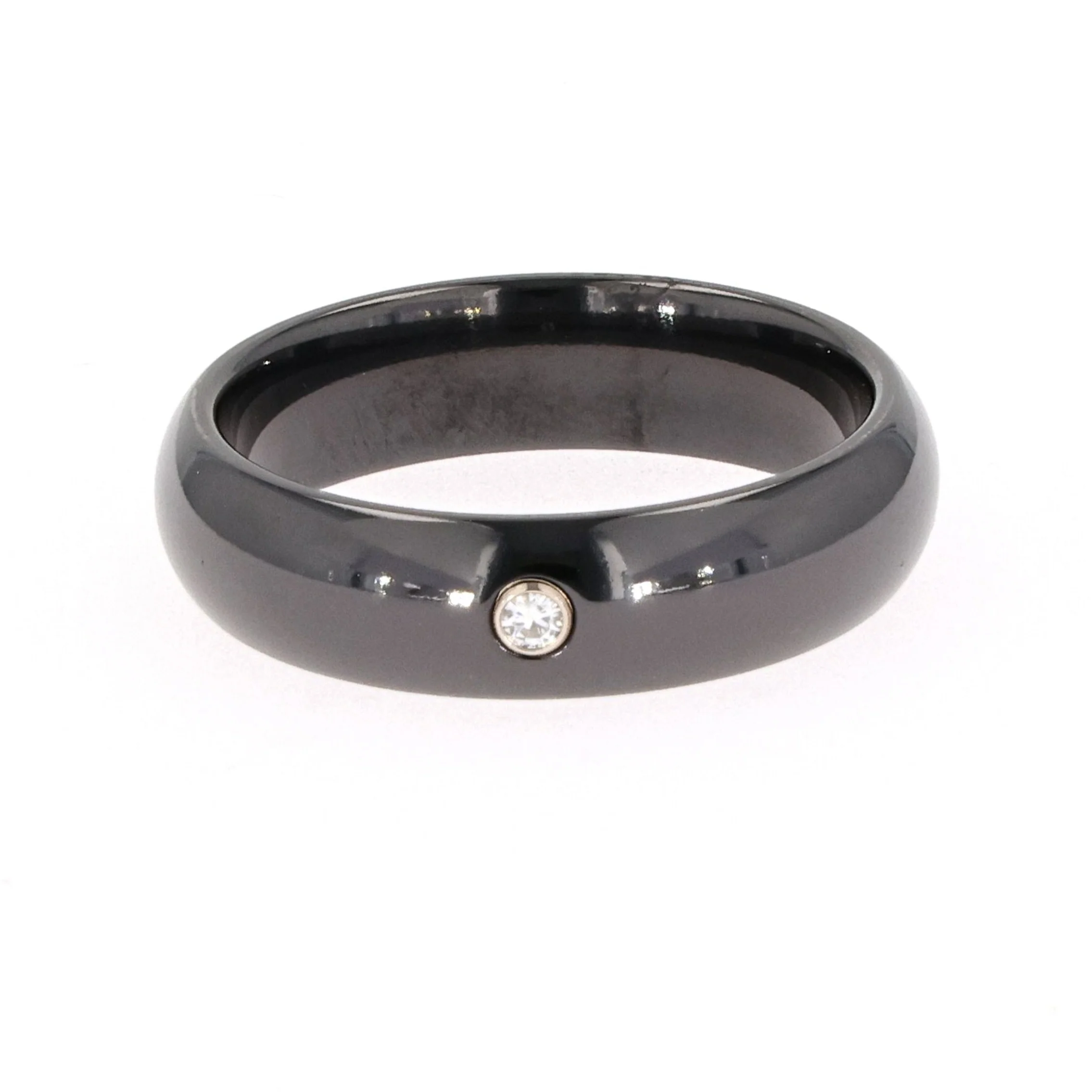 0.03 CTW DEW Round Moissanite Bezel Comfort Fit Wedding Band in Black Titanium
