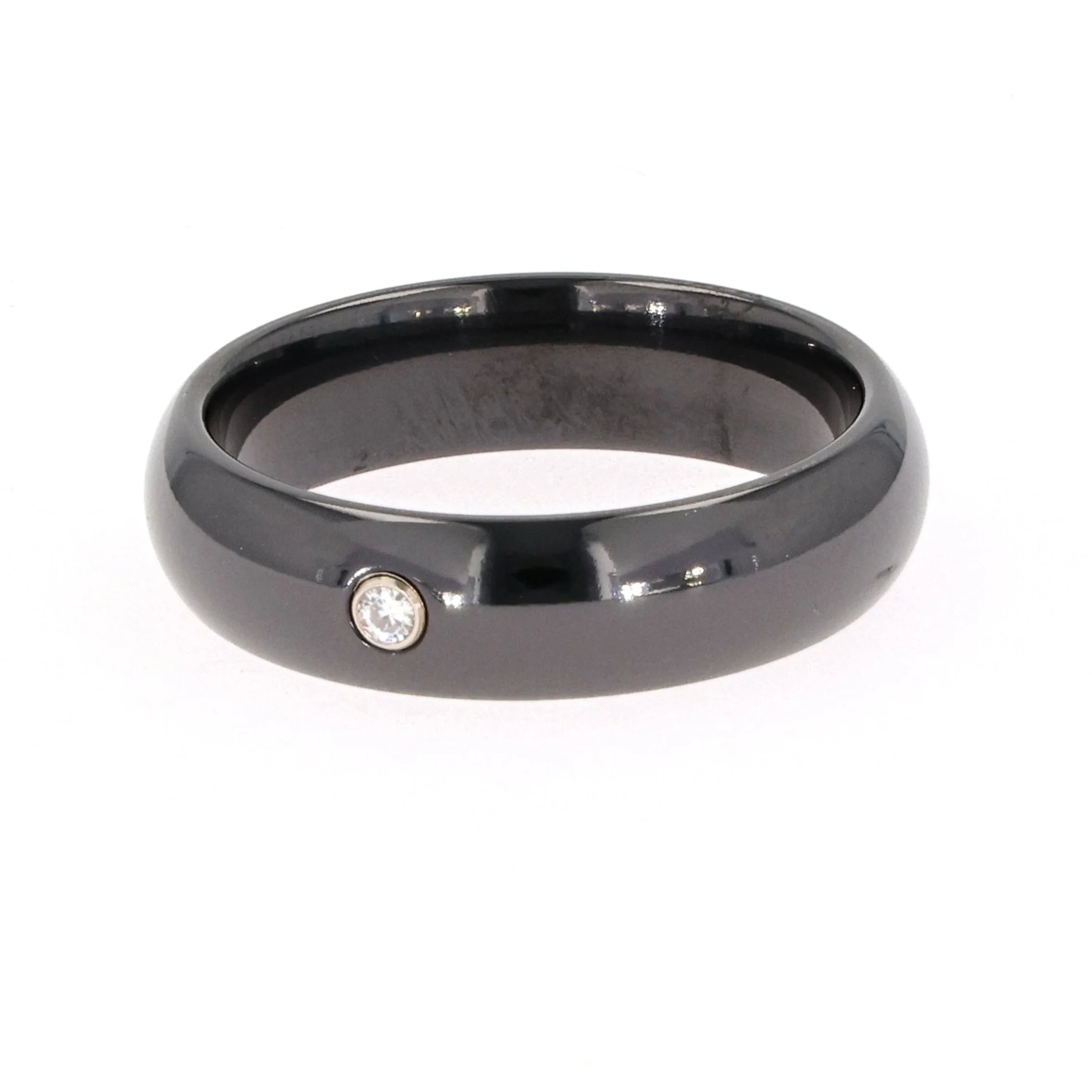 0.03 CTW DEW Round Moissanite Bezel Comfort Fit Wedding Band in Black Titanium - Image 2