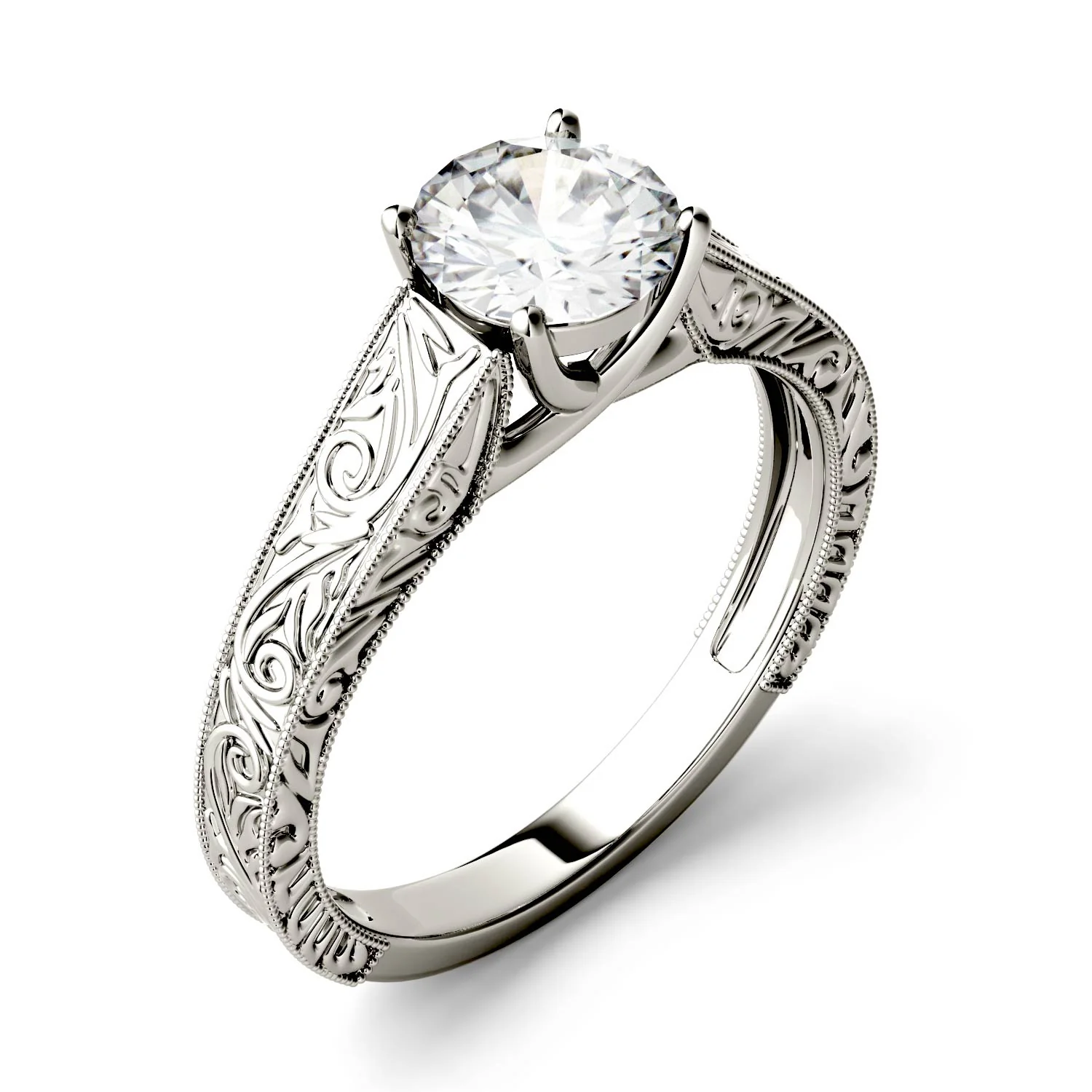 1.00 CTW DEW Round Moissanite Solitaire with Carved Band Engagement Ring in 14K White Gold - Image 2