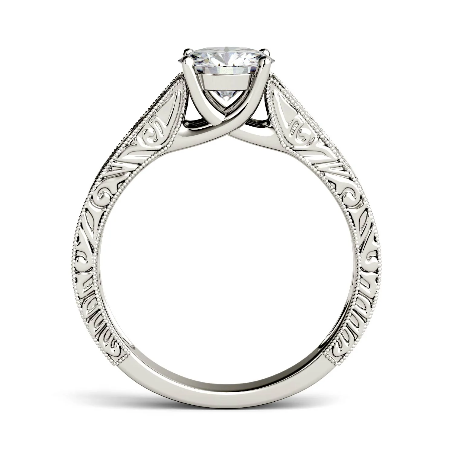 1.00 CTW DEW Round Moissanite Solitaire with Carved Band Engagement Ring in 14K White Gold - Image 3