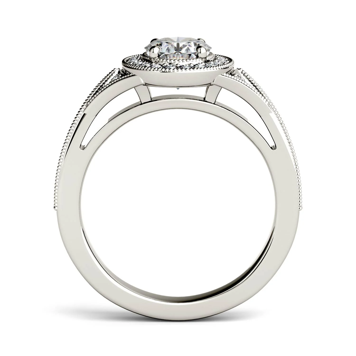 1.15 CTW DEW Oval Moissanite Milgrain Halo with Side Accents Engagement Ring in 14K White Gold - Image 3