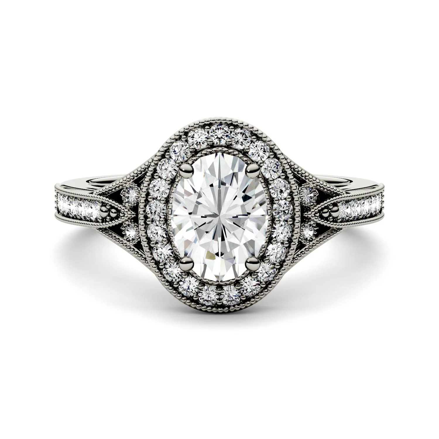1.15 CTW DEW Oval Moissanite Milgrain Halo with Side Accents Engagement Ring in 14K White Gold - Image 4