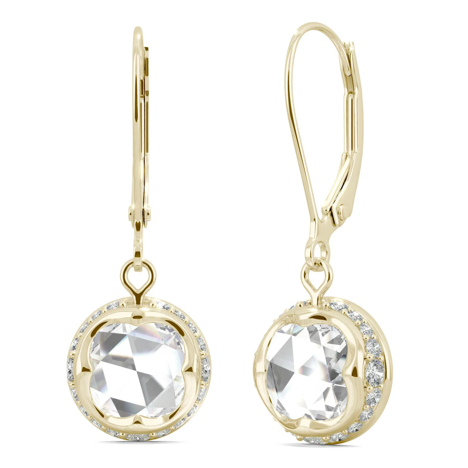 1.25 CTW DEW Round Rose Cut Moissanite Drop Earrings in 14K Yellow Gold - Image 3