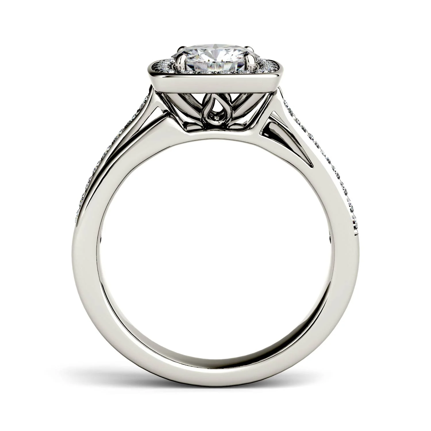 1.28 CTW DEW Round Moissanite Channel Set Halo with Side Accents Engagement Ring in 14K White Gold - Image 3