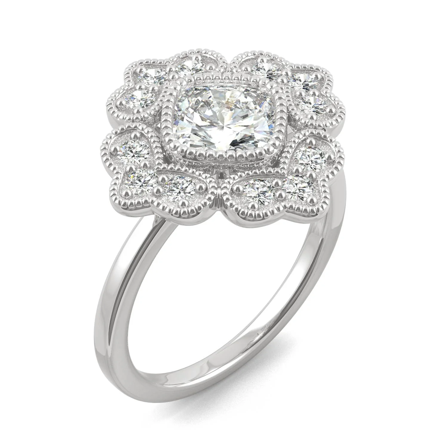 1.40 CTW DEW Cushion Moissanite Floral Milgrain Halo Ring in 14K White Gold - Image 2