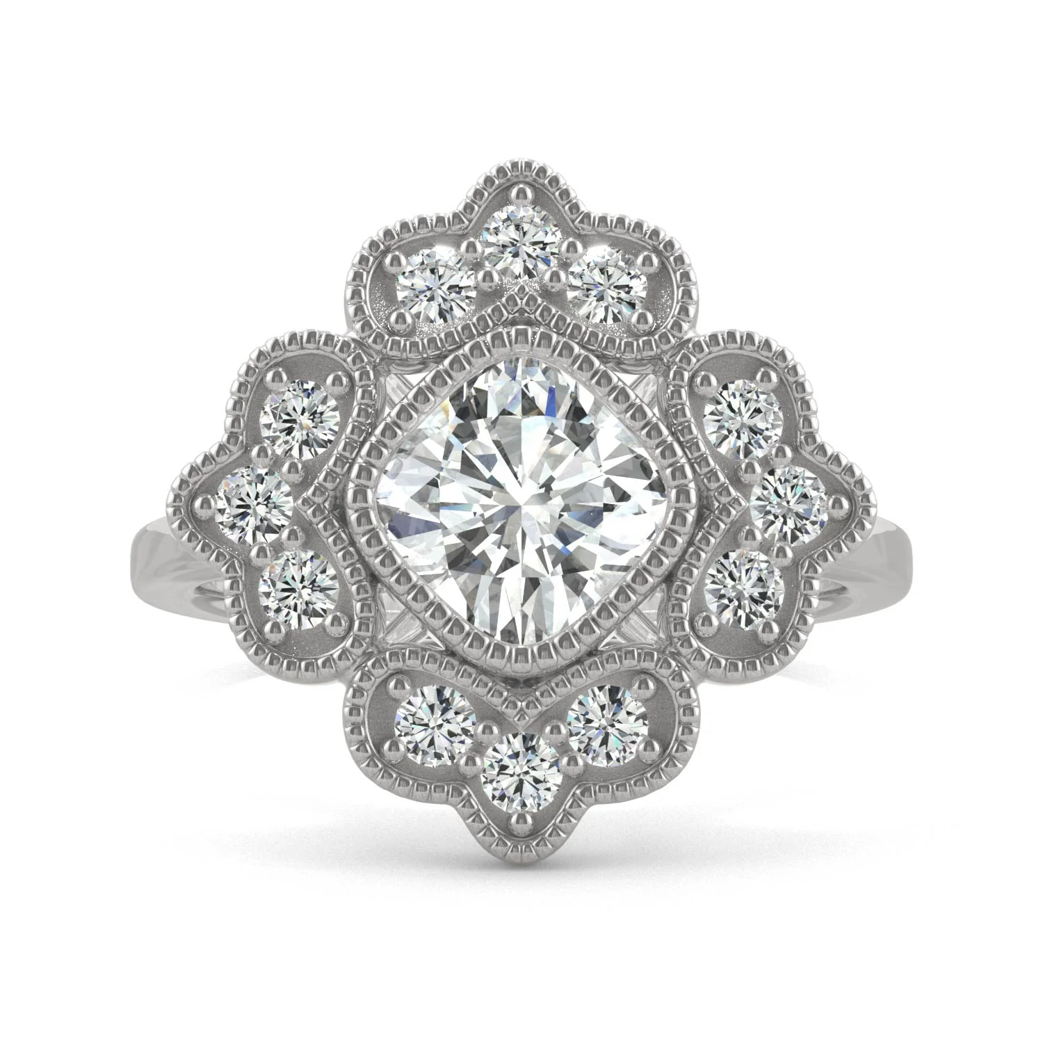 1.40 CTW DEW Cushion Moissanite Floral Milgrain Halo Ring in 14K White Gold - Image 4