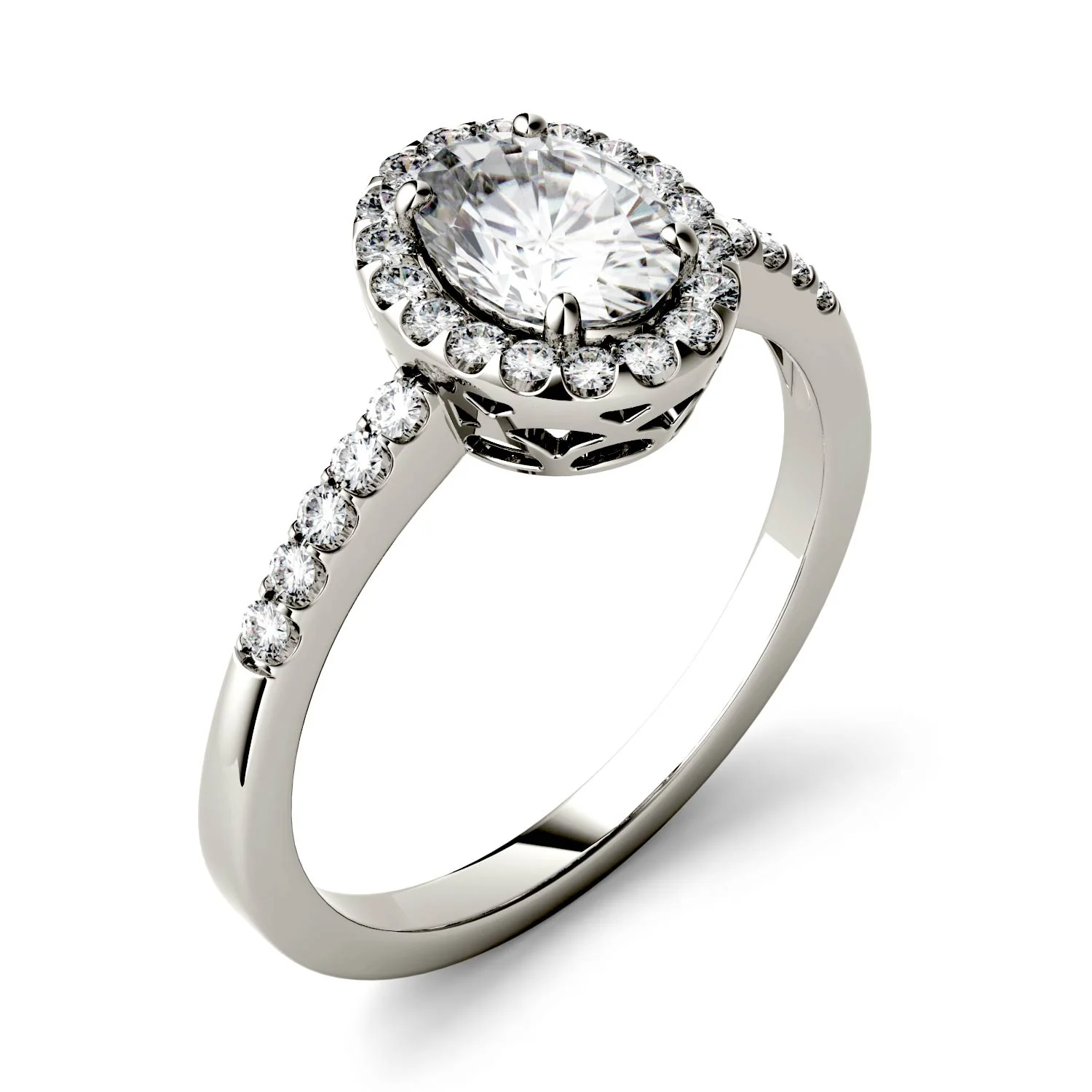 1.74 CTW DEW Oval Moissanite Halo with Side Accents Engagement Ring in 14K White Gold - Image 2