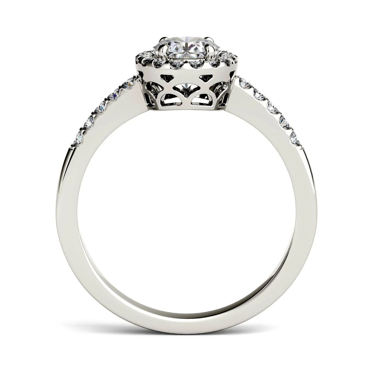 1.74 CTW DEW Oval Moissanite Halo with Side Accents Engagement Ring in 14K White Gold - Image 3
