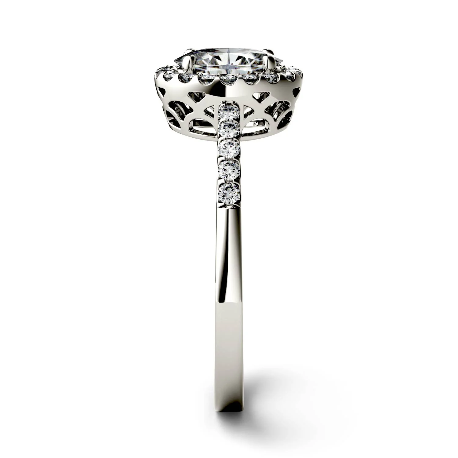 1.74 CTW DEW Oval Moissanite Halo with Side Accents Engagement Ring in 14K White Gold - Image 5