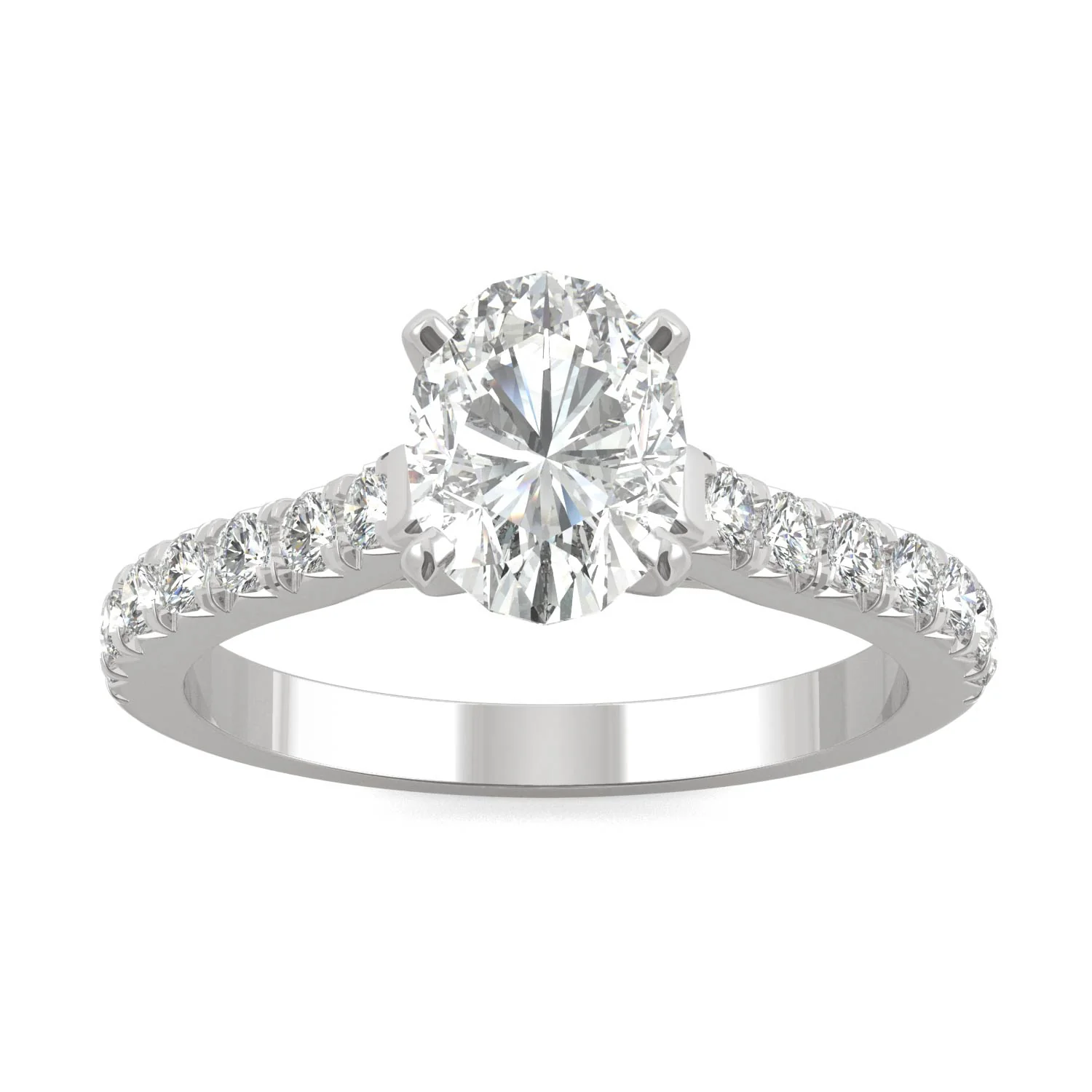 1.78 CTW DEW Oval Moissanite Side Stone Engagement Ring in 14K White Gold