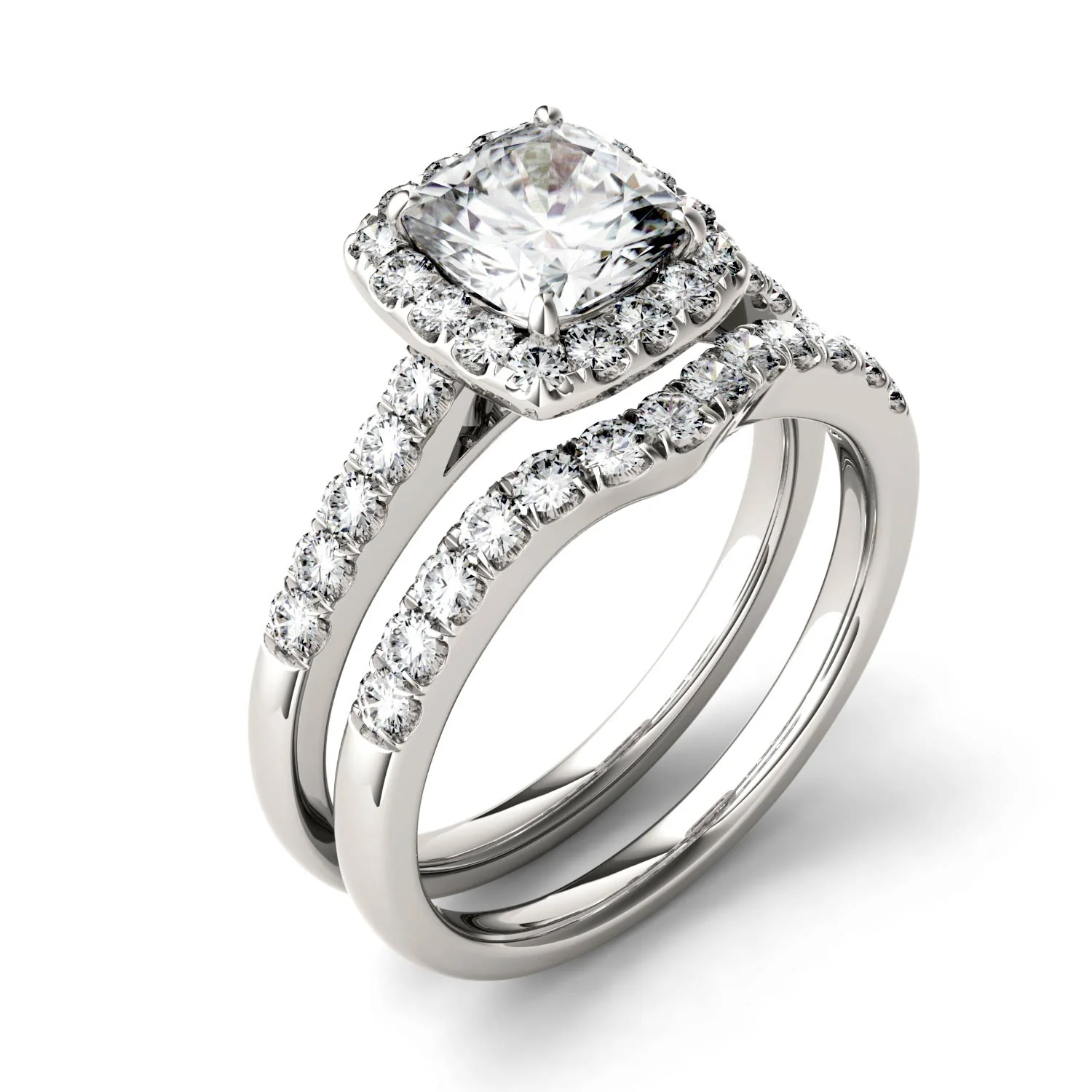 1.88 CTW DEW Cushion Moissanite Halo Bridal Set in 14K White Gold - Image 2