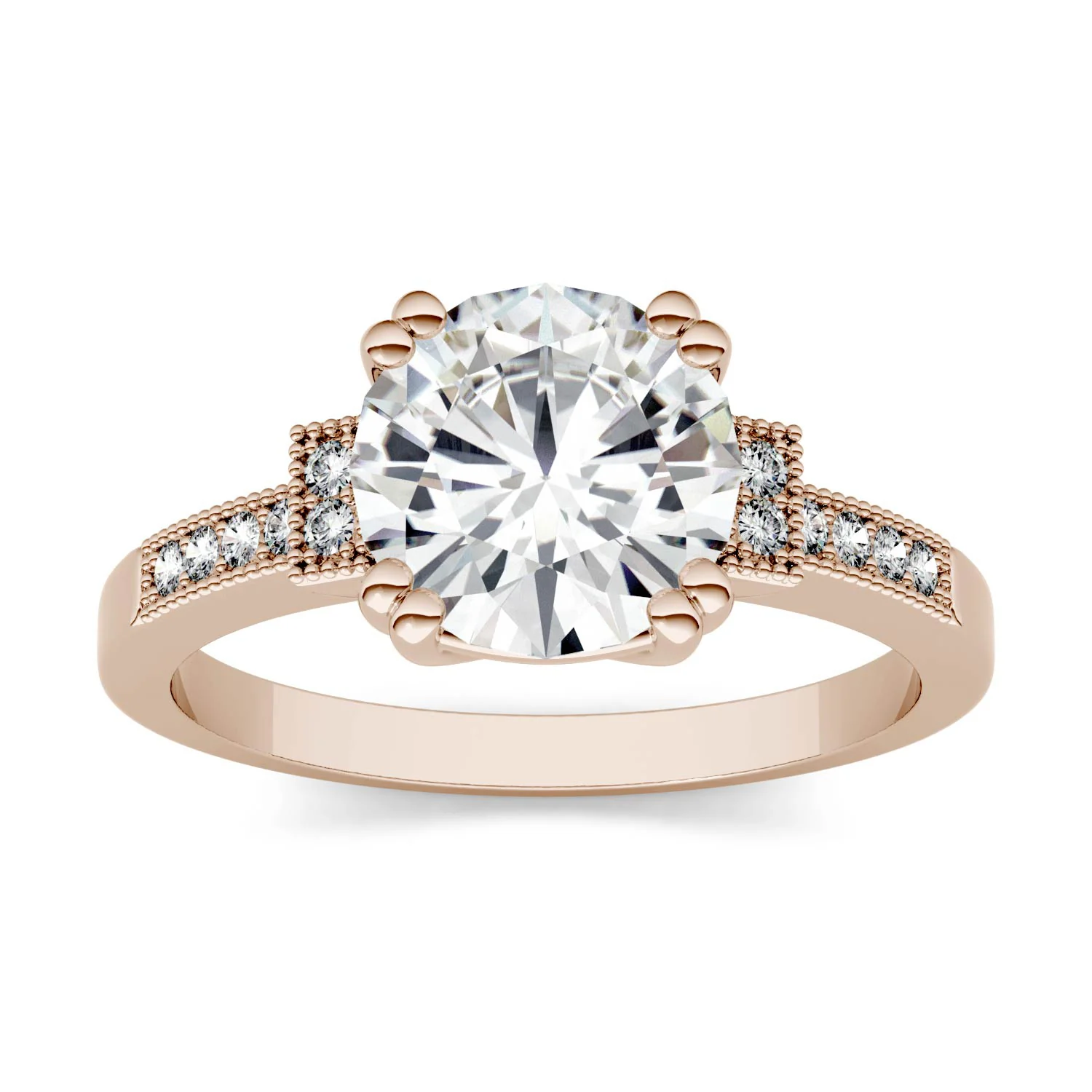 1.96 CTW DEW Round Moissanite Milgrain Accented Engagement Ring in 14K Rose Gold