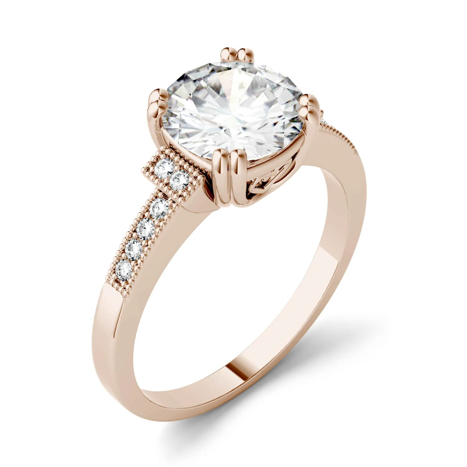 1.96 CTW DEW Round Moissanite Milgrain Accented Engagement Ring in 14K Rose Gold - Image 2