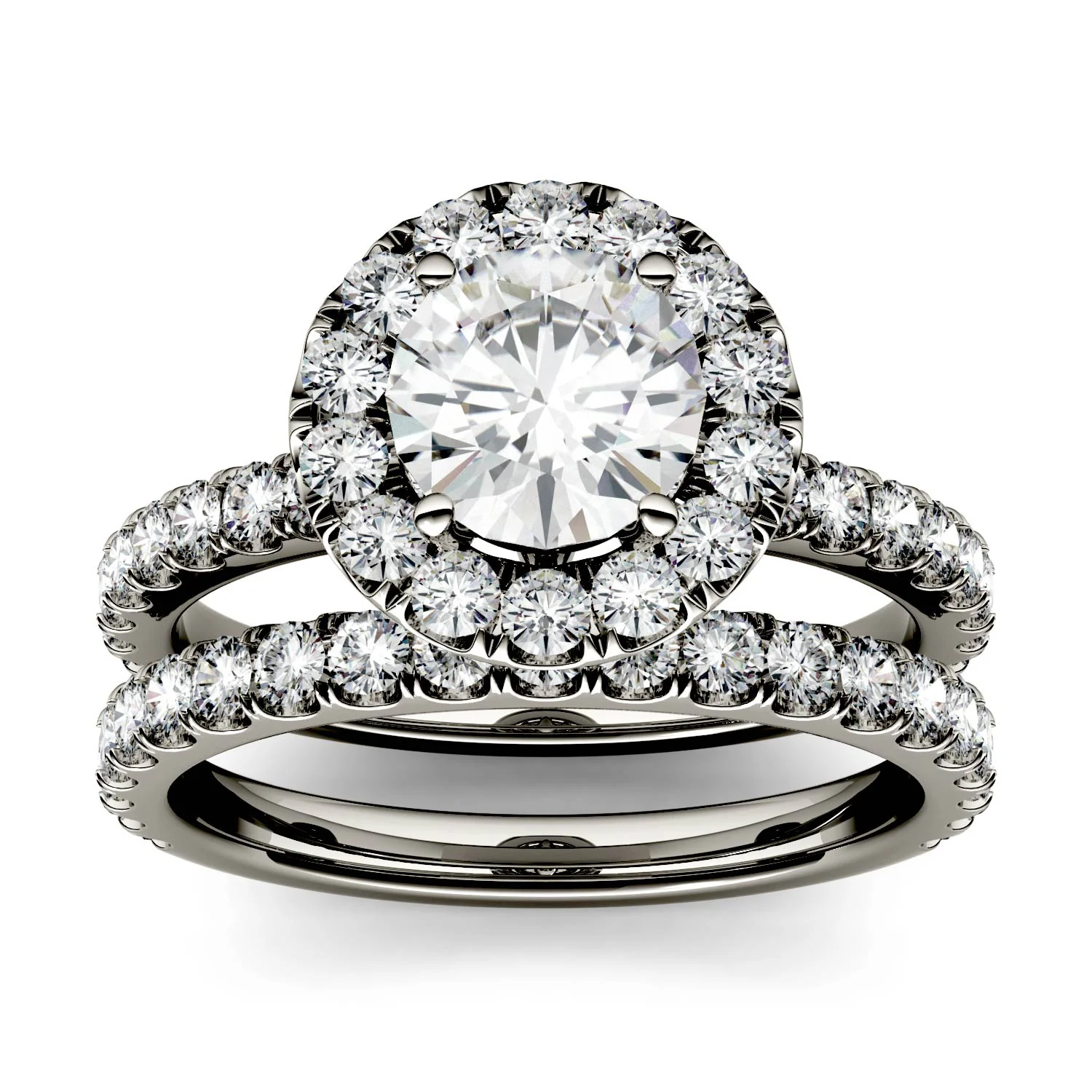 2.02 CTW DEW Round Moissanite Halo with Side Accents Bridal Set in 14K White Gold