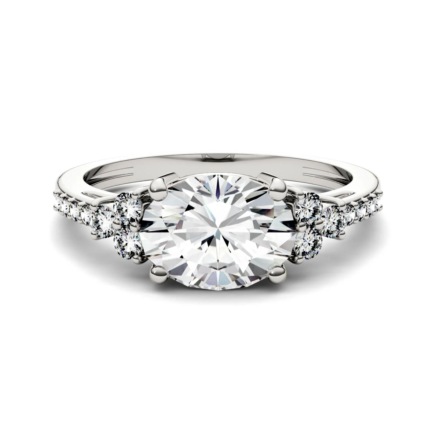 2.30 CTW DEW Oval Moissanite East-West with Side Accents Engagement Ring in 14K White Gold - Image 4