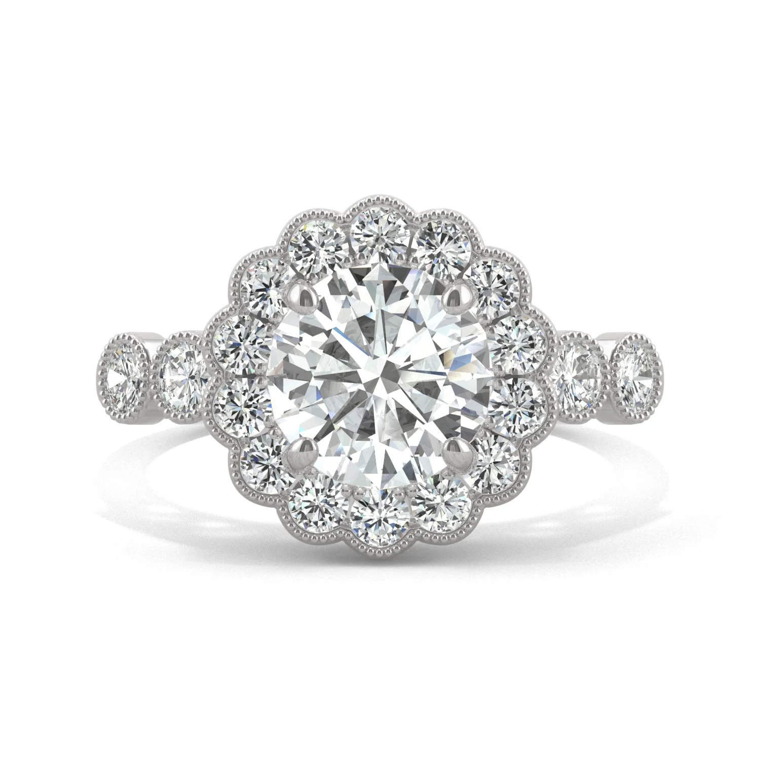 2.56 CTW DEW Round Moissanite Milgrain Accented Halo Engagement Ring in 14K White Gold - Image 4