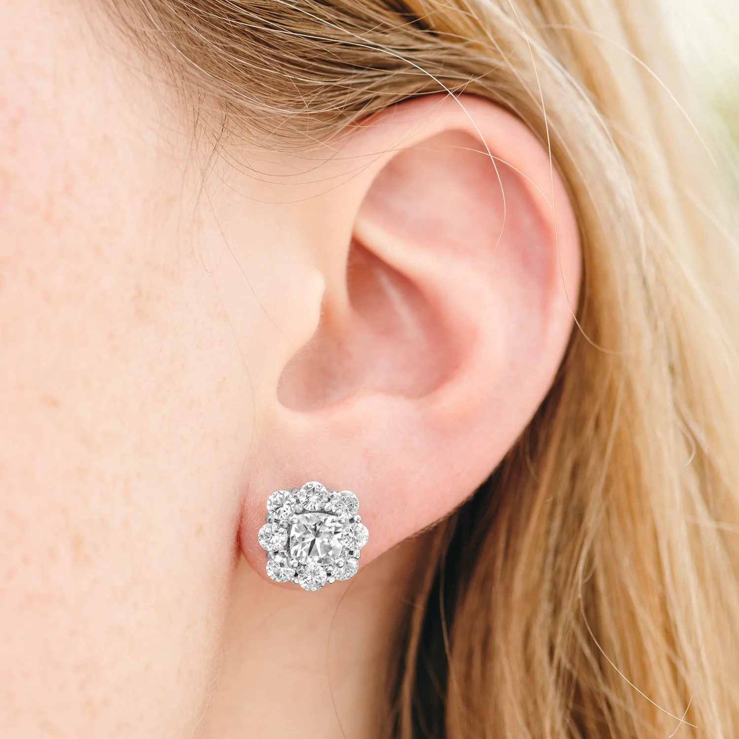 3.20 CTW DEW Cushion Halo Floral Stud in 14K White Gold - Image 5