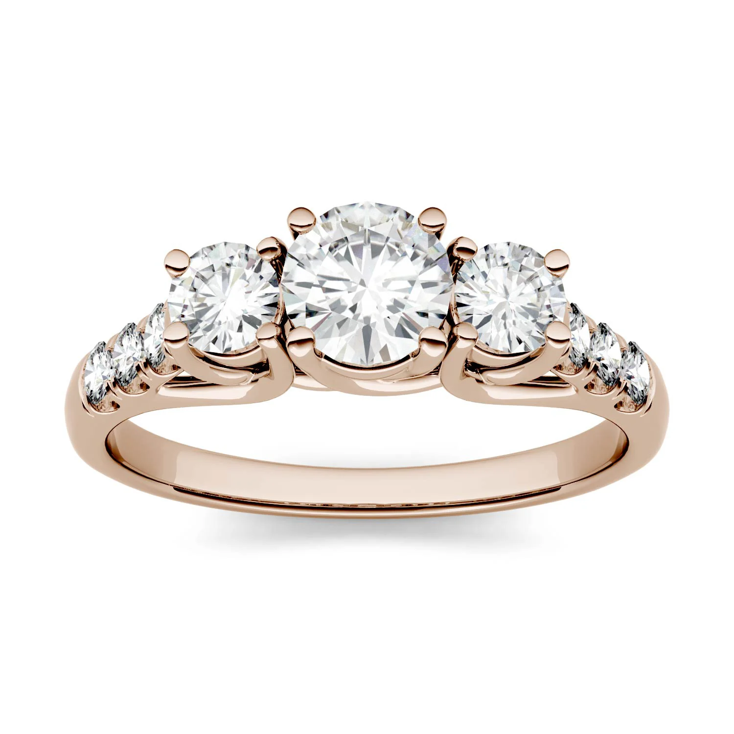 3.31 CTW DEW Round Moissanite Trellis Three Stone Ring in 14K Rose Gold