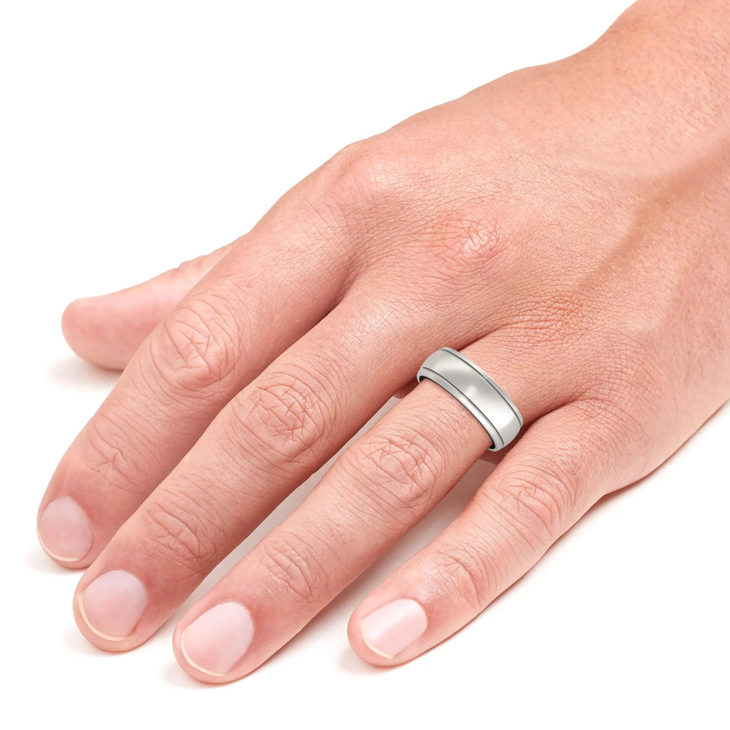 Dome Center with Step Edges 8.0mm Men's Wedding Band in Two-Tone Titanium - Image 6