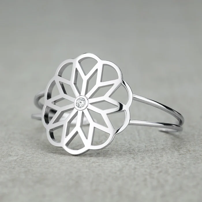 0.23 CTW DEW Moissanite Bezel Floral Cuff Bracelet in Sterling Silver - Image 3
