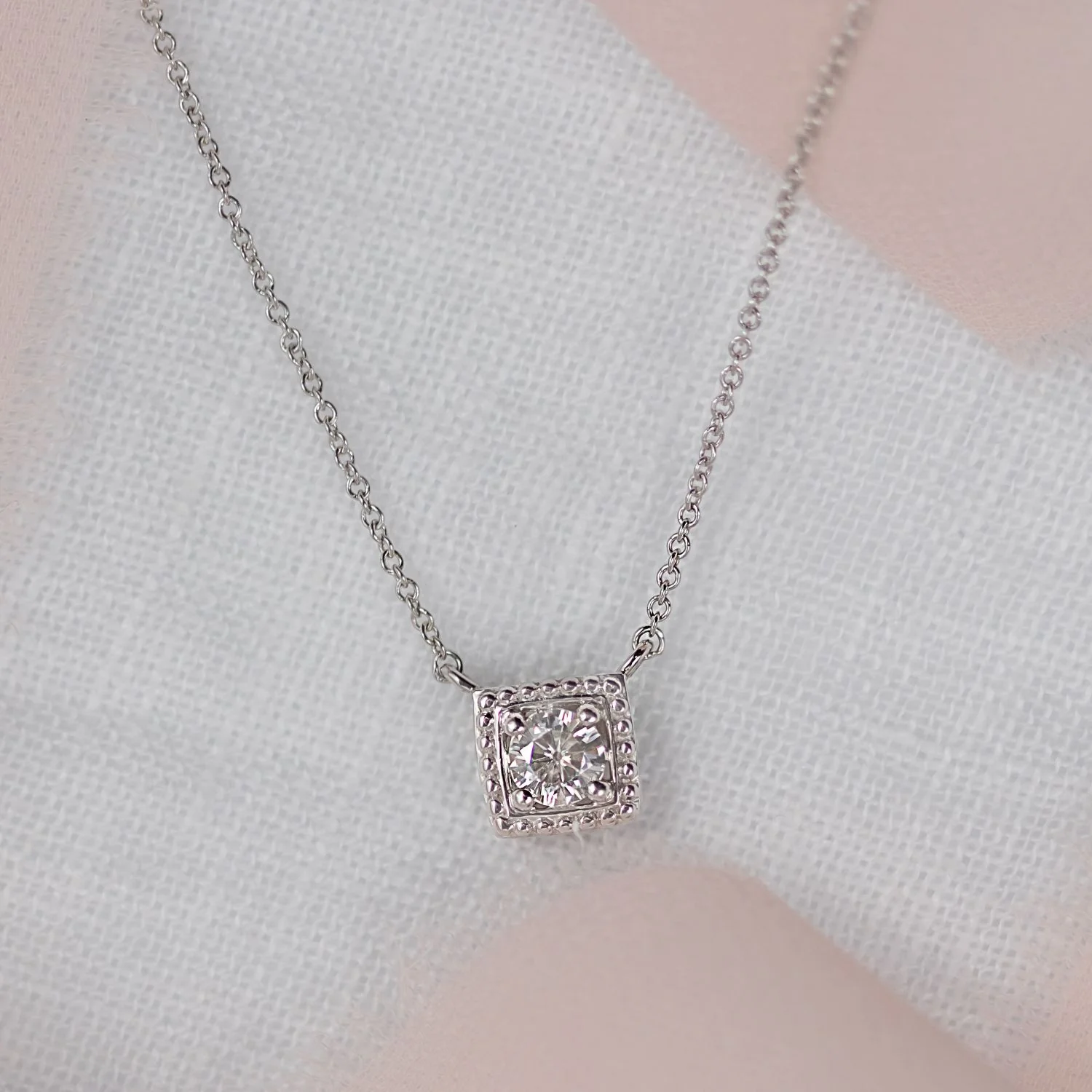 0.33 CTW DEW Round Moissanite Square Bead Halo Necklace in Sterling Silver - Image 3