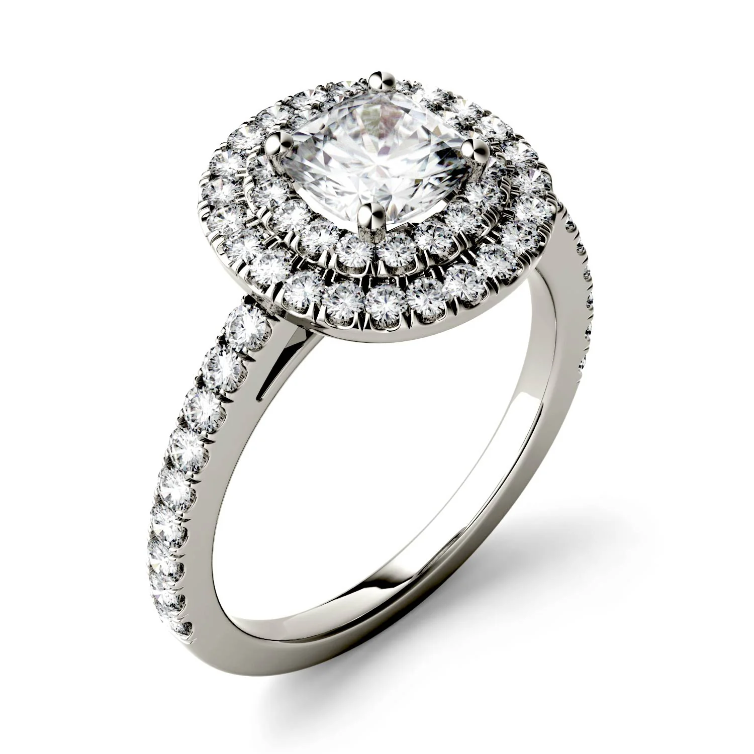 1.77 CTW DEW Cushion Moissanite Halo Side-Stone Engagement Ring in 14K White Gold - Image 3