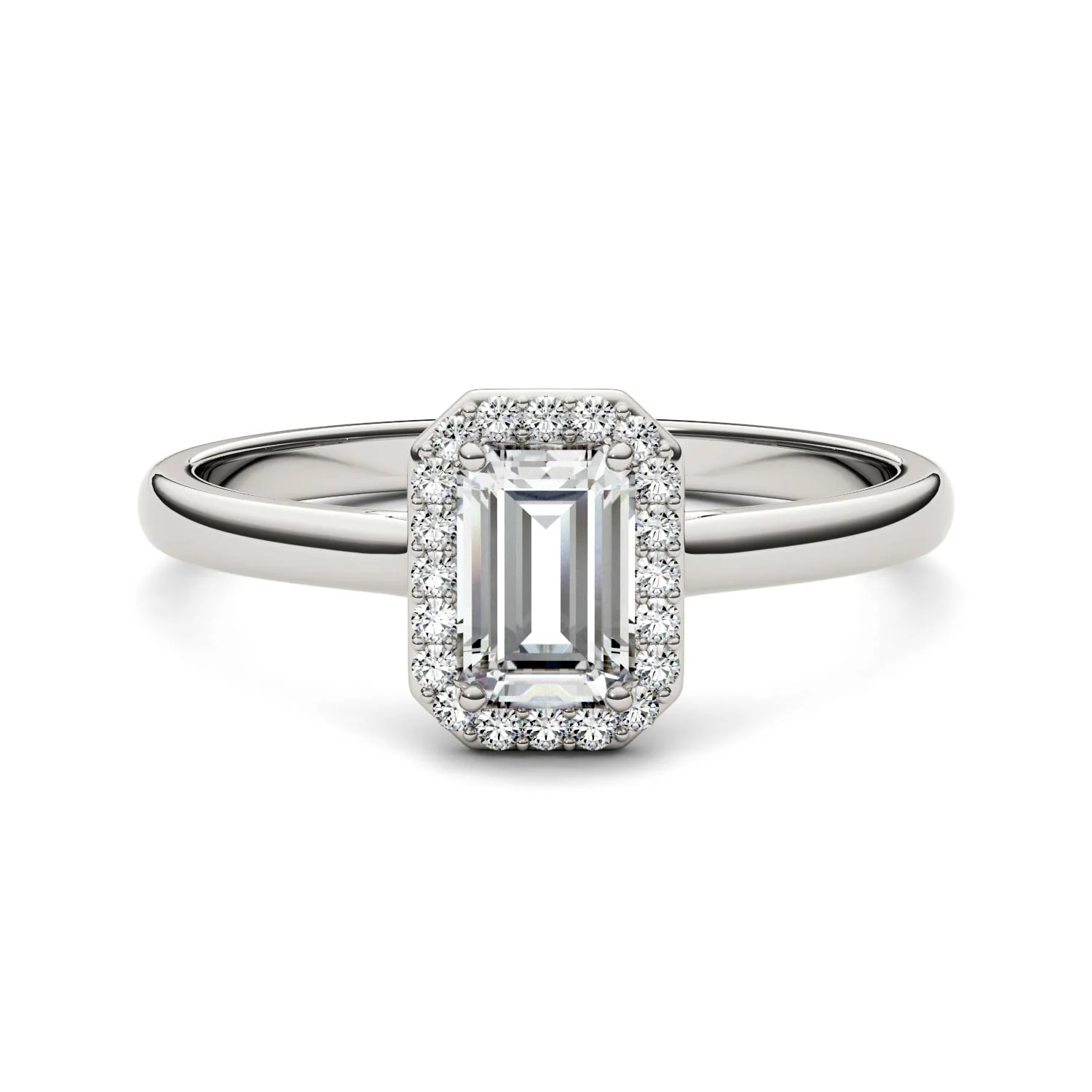 0.68 CTW DEW Emerald Moissanite Halo Ring in 14K White Gold - Image 4