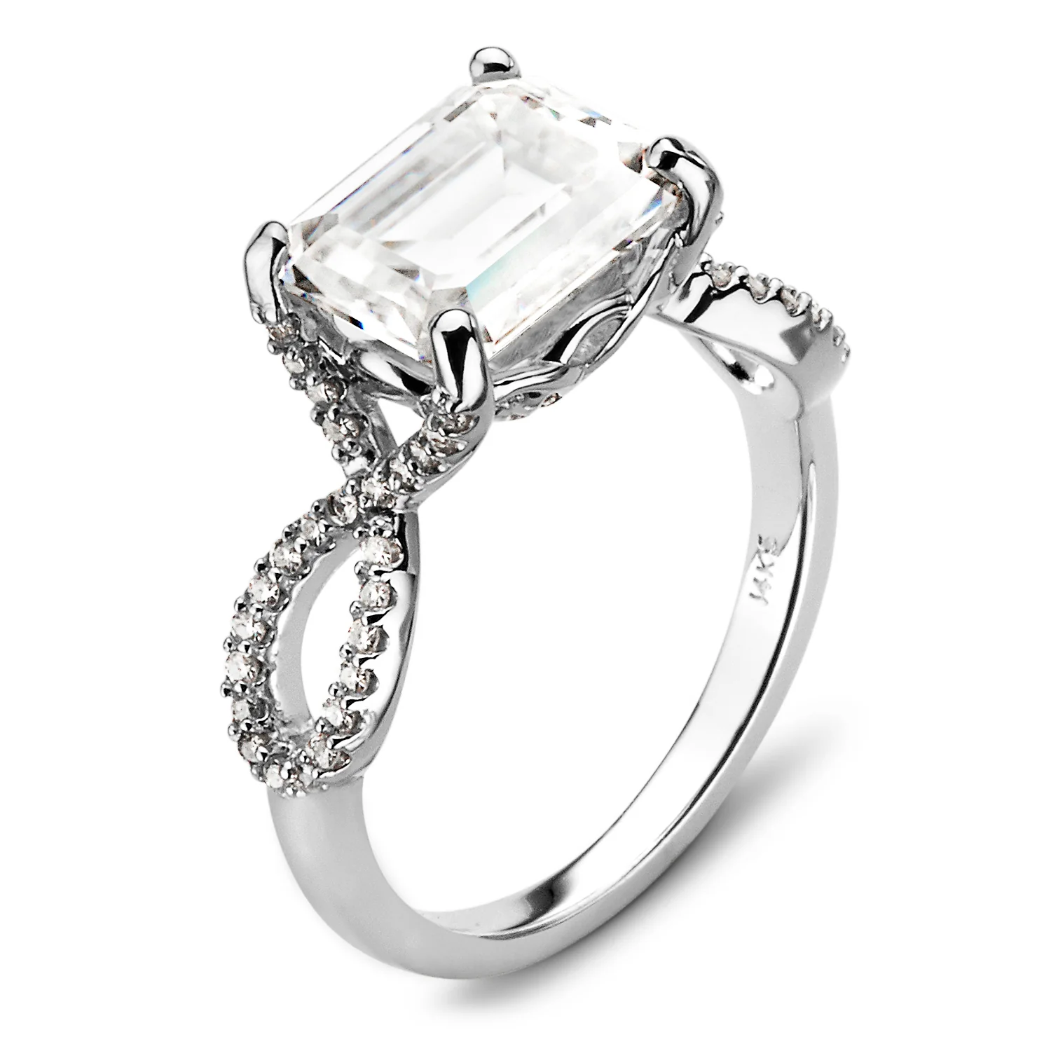 3.80 CTW DEW Emerald Moissanite East-West Twist Side-Stone Engagement Ring in 14K White Gold - Image 3