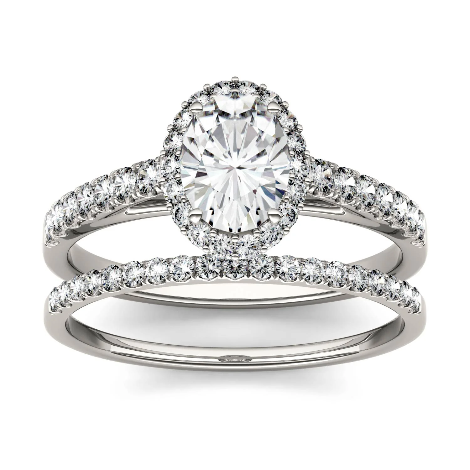 1.28 CTW DEW Oval Moissanite Side-Stone Halo Bridal Set in 14K White Gold