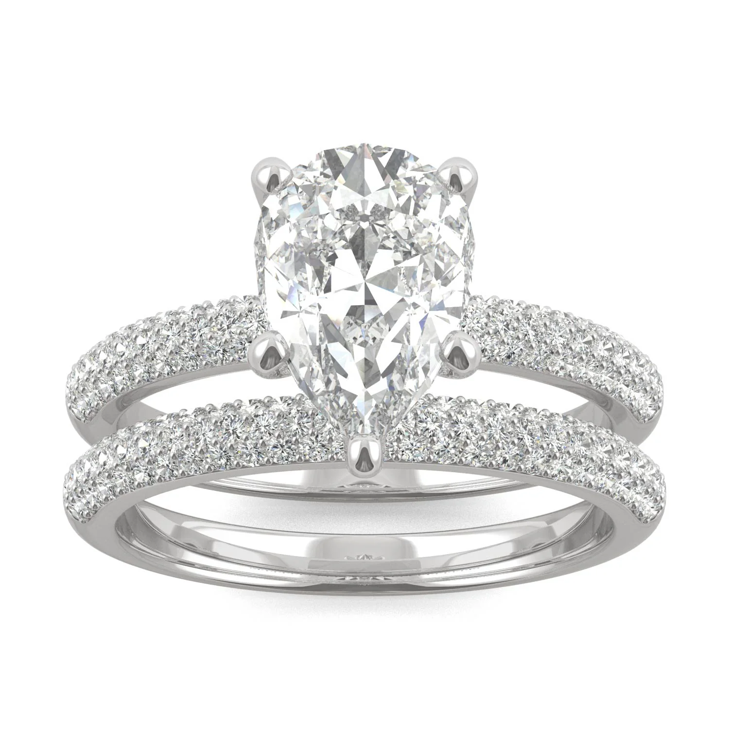 2.54 CTW DEW Pear Side-Stone Pavé Moissanite Bridal Set in 14K White Gold
