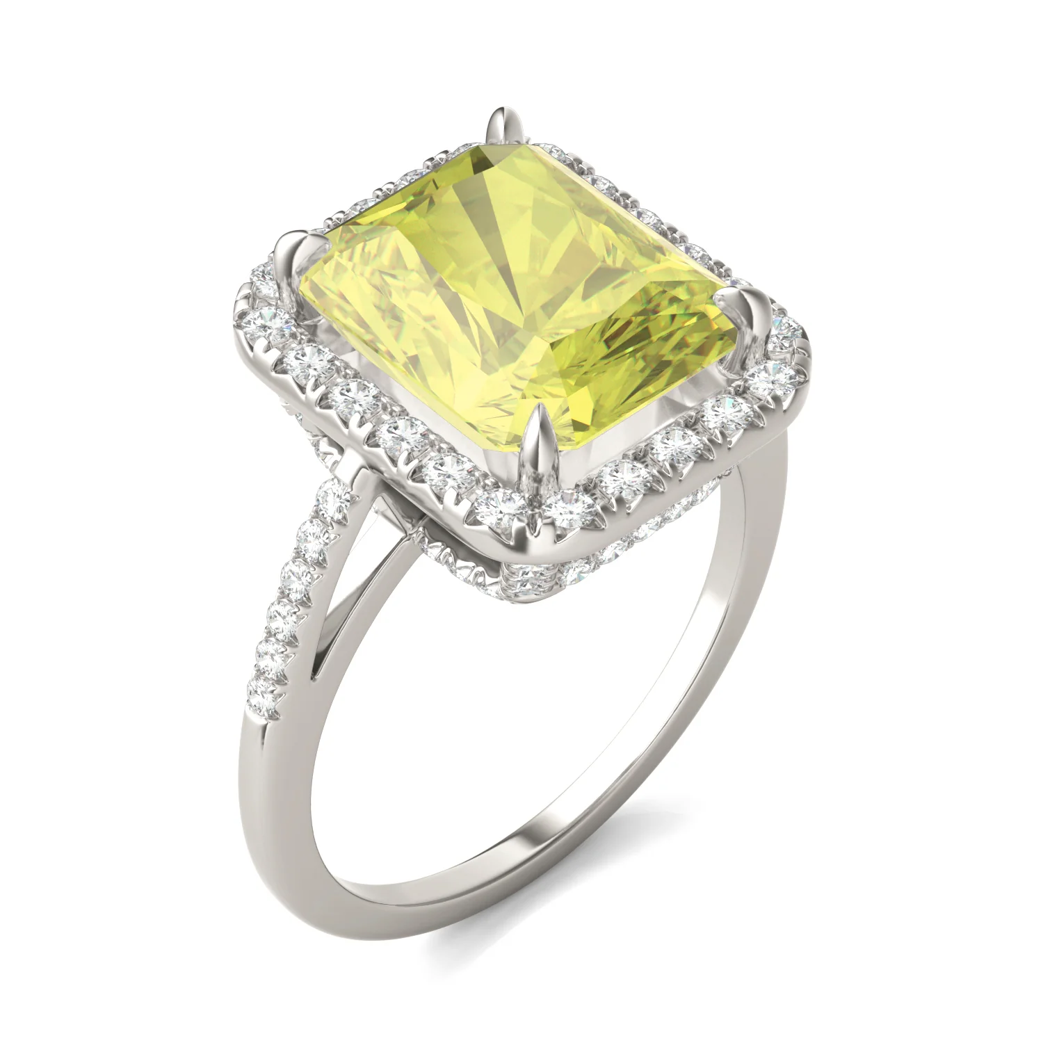 5.90 CTW DEW Radiant Yellow Moissanite Accented Ring in 14K White Gold - Image 2