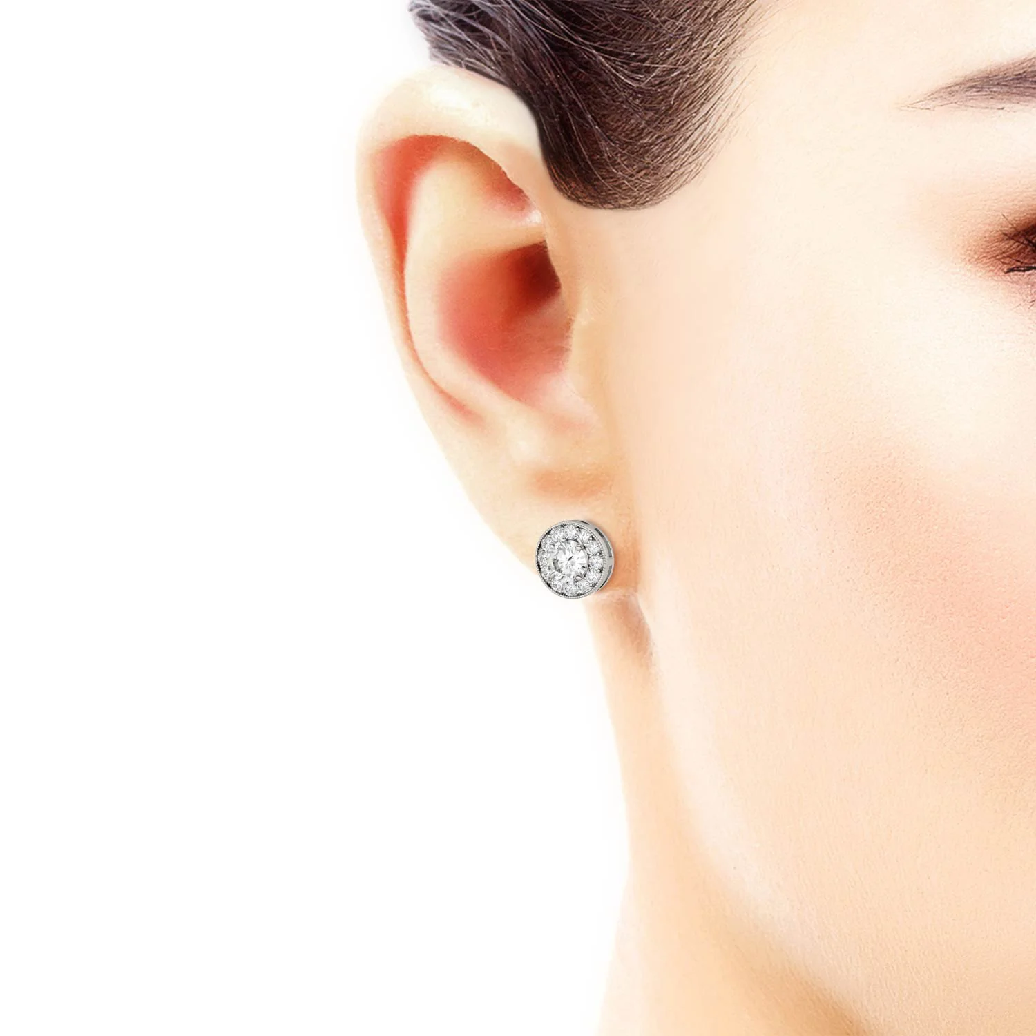 0.70 CTW DEW Round Moissanite Petite Halo Stud Earrings in 14K White Gold - Image 3