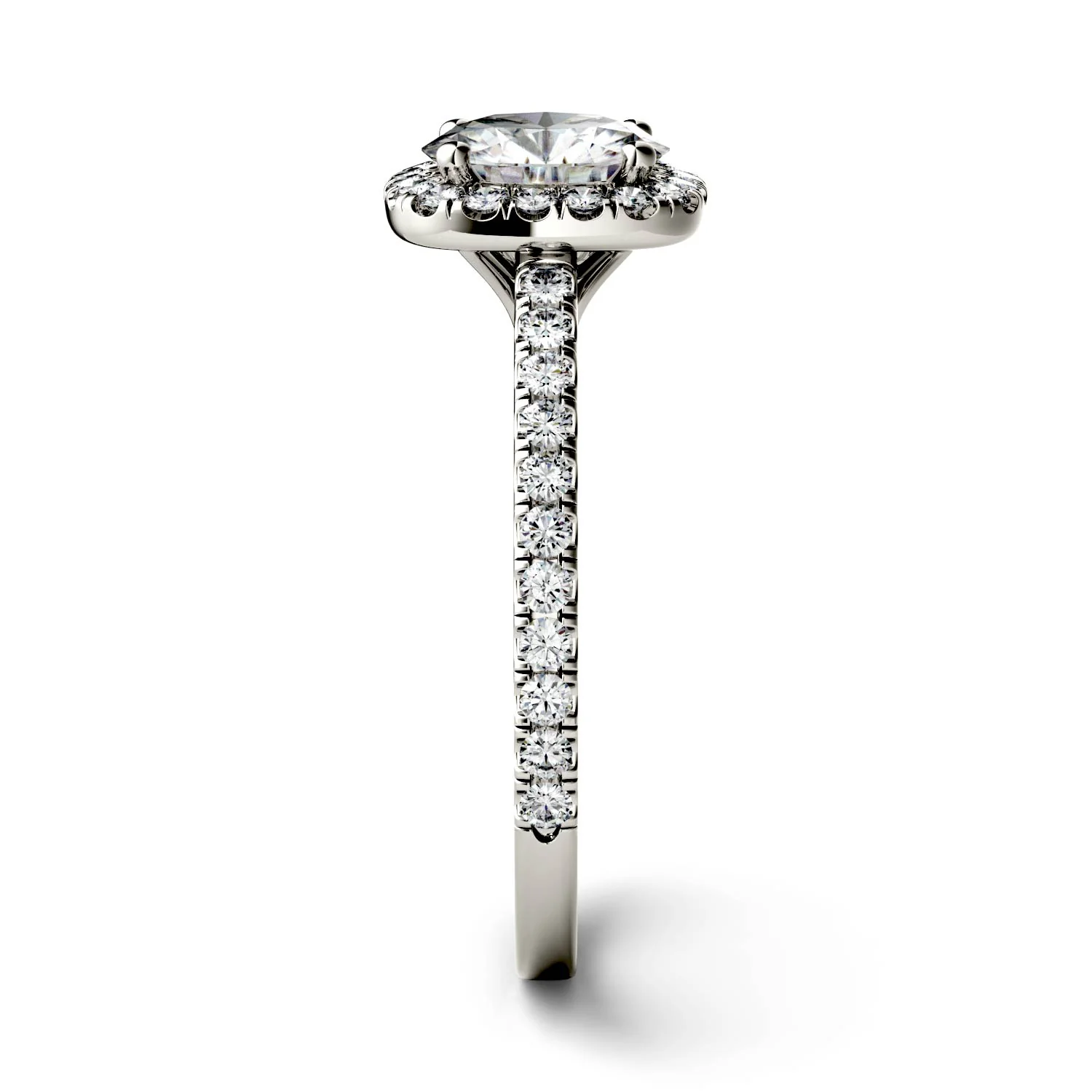 1.41 CTW DEW Round Moissanite Side-Stone Halo Engagement Ring in 14K White Gold - Image 5