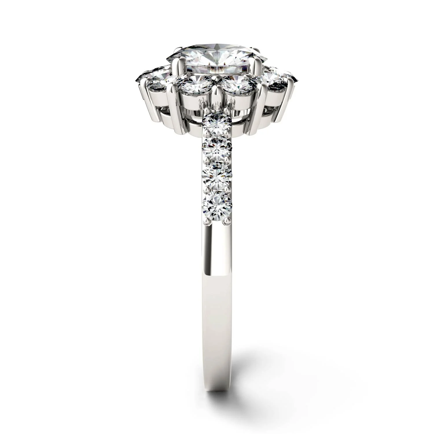 1.78 CTW DEW Round Moissanite Flower Halo Engagement Ring in 14K White Gold - Image 5