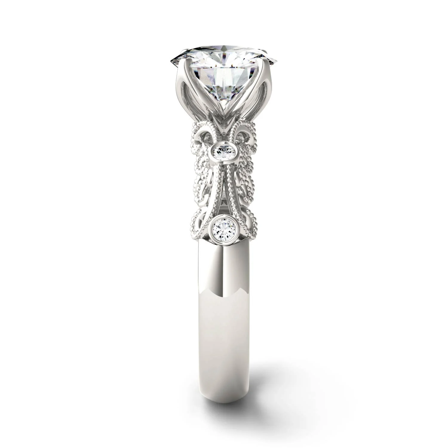 1.54 CTW DEW Round Moissanite Milgrain Engagement Ring in 14K White Gold - Image 5