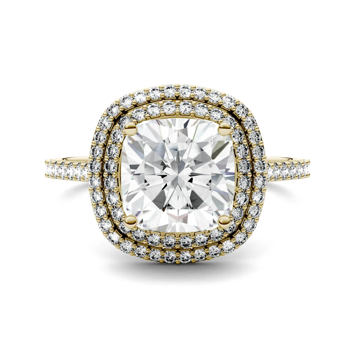 2.90 CTW DEW Cushion Moissanite Double Halo Engagement Ring in 14K Yellow Gold - Image 2