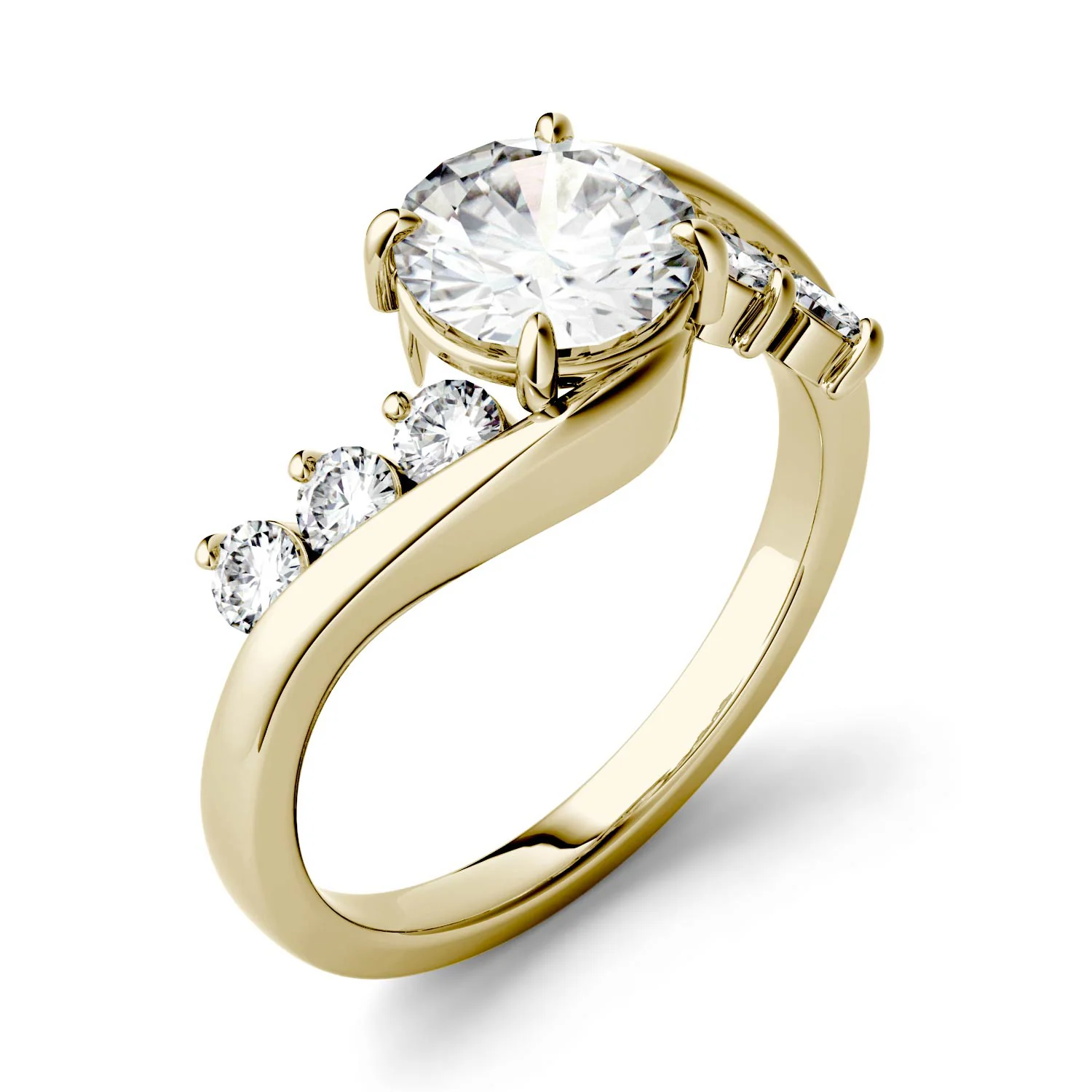 1.38 CTW DEW Round Moissanite Bypass Side-Stone Engagement Ring in 14K Yellow Gold - Image 3